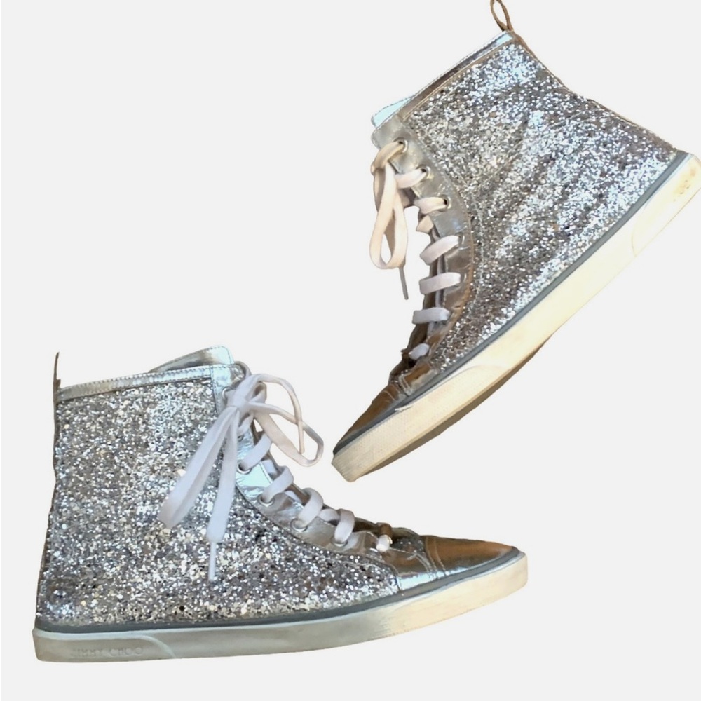 Jimmy Choo Silver Glitter High-Top Sneakers - Picture 8 of 8